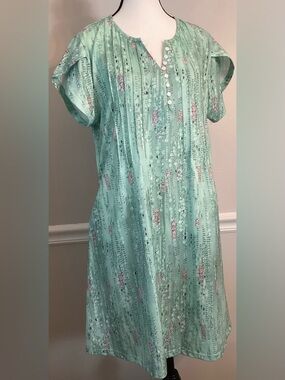 Boho Floral Short Sleeve Split Neck Tunic Dress Green L NWT